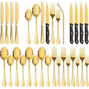 Astercook Silverware Set with Steak Knives 24-Piece Flatware Set for 4 Food-Grade Stainless Steel Cutlery Set Mirror Polished Utensils Set Include Spoons and Forks for Home Kitchen Restaurant in Kuwait