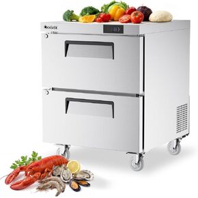 Coolski Commercial Worktop Undercounter Refrigerator with Drawers, 27" W 2 Drawers Under Counter Fridge with 6 Pans, 5.2 Cu.ft. Stainless Steel Refrigerator for Restaurant, Bar, Shop, Kitchen Use in Kuwait