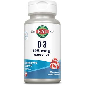 KAL Vitamin D3 5000 IU 125 mcg, High Potency Vitamin D Chewables, Calcium Absorption, Bone Health and Immune Support Supplement, Natural Peppermint Flavor, 60-Day Guarantee, 60 Servings, 60 Chews in Kuwait