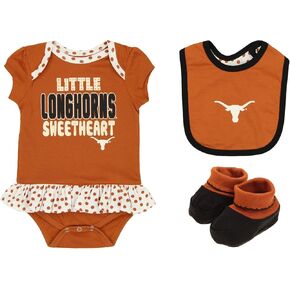 Outerstuff NCAA Texas Longhorns Sweetheart Newborn and Infant Girls 3-Piece Creeper, Booties, and Baby Napkin (12M - 24M) in Kuwait