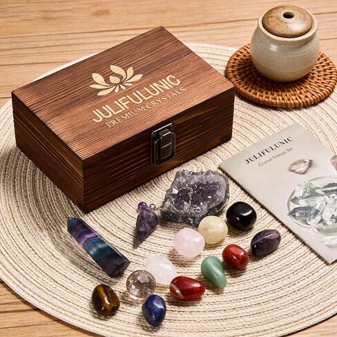 Juniful Unic 23-Piece Crystal Healing Set with 7 Raw & 7 Polished Stones, 9 White Quartz. Authentic Brazil & Uruguay Crystals in Wooden Box. Complete Chakra Kit with Guide for Meditation, Reiki, Gift in Saudi Arabia