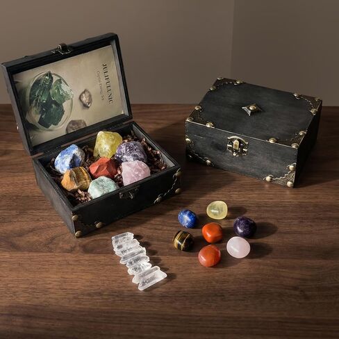 Juniful Unic 23-Piece Crystal Healing Set with 7 Raw & 7 Polished Stones, 9 White Quartz. Authentic Brazil & Uruguay Crystals in Wooden Box. Complete Chakra Kit with Guide for Meditation, Reiki, Gift in Saudi Arabia