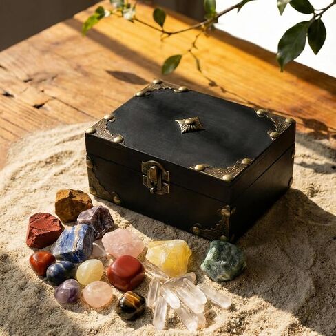Juniful Unic 23-Piece Crystal Healing Set with 7 Raw & 7 Polished Stones, 9 White Quartz. Authentic Brazil & Uruguay Crystals in Wooden Box. Complete Chakra Kit with Guide for Meditation, Reiki, Gift in Saudi Arabia