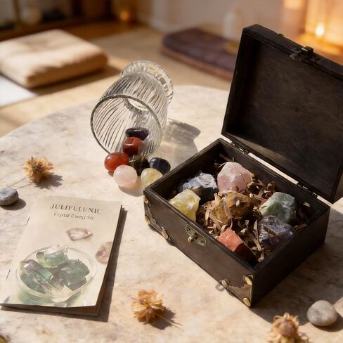 Juniful Unic 23-Piece Crystal Healing Set with 7 Raw & 7 Polished Stones, 9 White Quartz. Authentic Brazil & Uruguay Crystals in Wooden Box. Complete Chakra Kit with Guide for Meditation, Reiki, Gift in Saudi Arabia