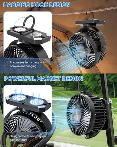 12000mAh Golf Cart Fan Rechargeable Magnetic Base, Battery Operated Fan Portable with 3 Speeds, LED, Timers, Strap, Hook - Golf Cart Accessories Suitable for Club Car Camping Office Cruise Ship in Kuwait