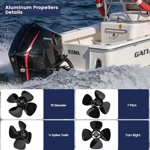 10 × 7 ترقية مروحة القارب الخارجية المصنوعة من الألومنيوم OEM المتوافقة مع محركات Mercury/Tohatsu 9.9-20 HP، قوة دفع عالية، 14 شريحة، 4 شفرات، RH، علبة تروس 2 1/2 بوصة in Kuwait