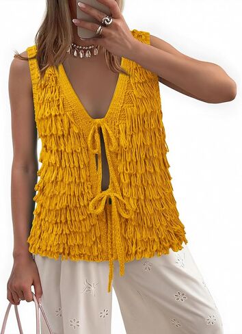 Messic Women Sweater Vest 2025 Summer Tie Front Tops Beach Knit Tank Tops in Kuwait