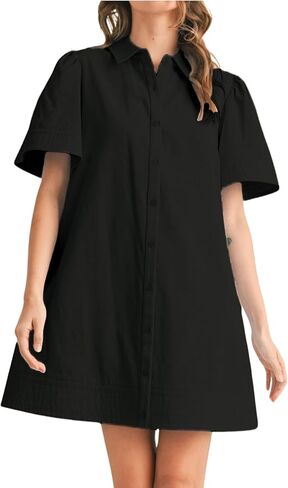 Womens Short Sleeve Button Down Mini Shirt Dress Lapel Collar Short Dresses with Pocket in Kuwait