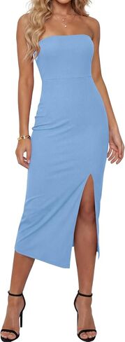 LYANER Women's Sleeveless Strapless Ribbed Tube Side Slit Bodycon Party Midi Dress in Saudi Arabia
