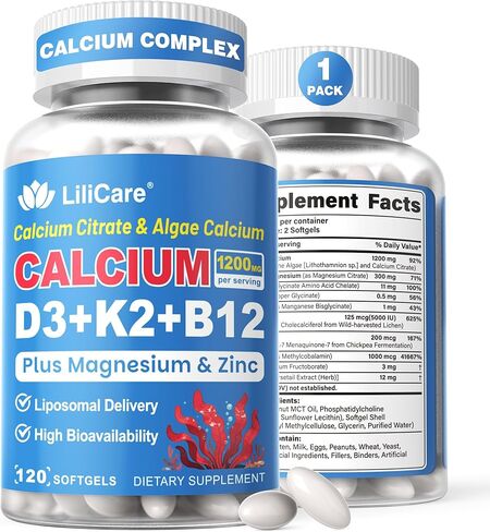 Calcium 1200 mg with Vitamin D3 K2 5000 IU Softgels Supplement for Women Men - Liposomal Calcium Citrate & Algae Calcium Magnesium Zinc + D3 K2 B12, Plant-Based Vegan Vitamin D, Boron for Bone,120ct in Kuwait