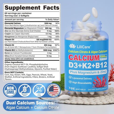 Calcium 1200 mg with Vitamin D3 K2 5000 IU Softgels Supplement for Women Men - Liposomal Calcium Citrate & Algae Calcium Magnesium Zinc + D3 K2 B12, Plant-Based Vegan Vitamin D, Boron for Bone,120ct in Kuwait