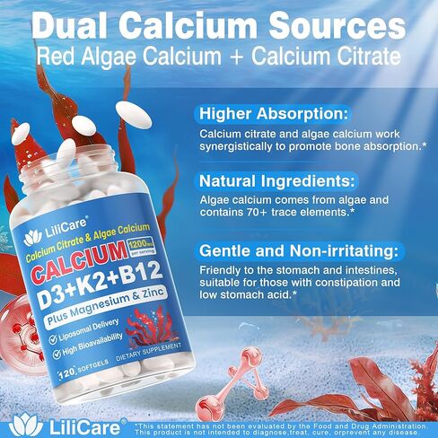 Calcium 1200 mg with Vitamin D3 K2 5000 IU Softgels Supplement for Women Men - Liposomal Calcium Citrate & Algae Calcium Magnesium Zinc + D3 K2 B12, Plant-Based Vegan Vitamin D, Boron for Bone,120ct in Kuwait
