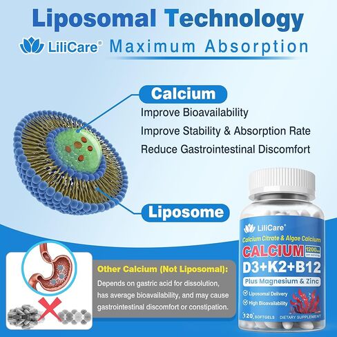 Calcium 1200 mg with Vitamin D3 K2 5000 IU Softgels Supplement for Women Men - Liposomal Calcium Citrate & Algae Calcium Magnesium Zinc + D3 K2 B12, Plant-Based Vegan Vitamin D, Boron for Bone,120ct in Kuwait