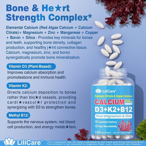Calcium 1200 mg with Vitamin D3 K2 5000 IU Softgels Supplement for Women Men - Liposomal Calcium Citrate & Algae Calcium Magnesium Zinc + D3 K2 B12, Plant-Based Vegan Vitamin D, Boron for Bone,120ct in Kuwait