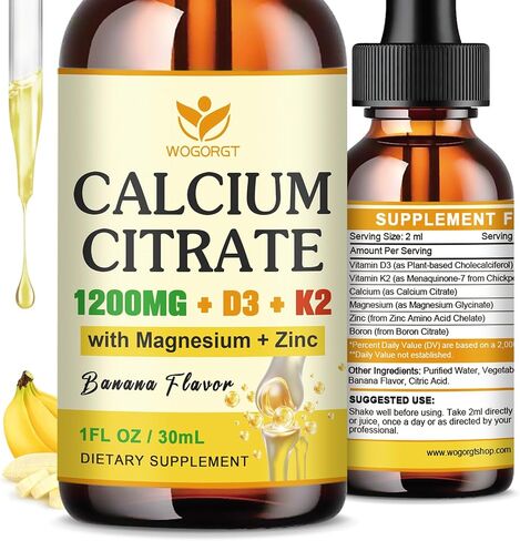 Calcium Citrate 1200mg Liquid Supplement with Vitamin D3 for Women & Men - Calcium Magnesium Zinc D3 K2 Supplement for Bone, Teeth, Immune Support - Sugar Free, Vegan, Banana Flavor - 1 Fl Oz (2 Pack) in Kuwait