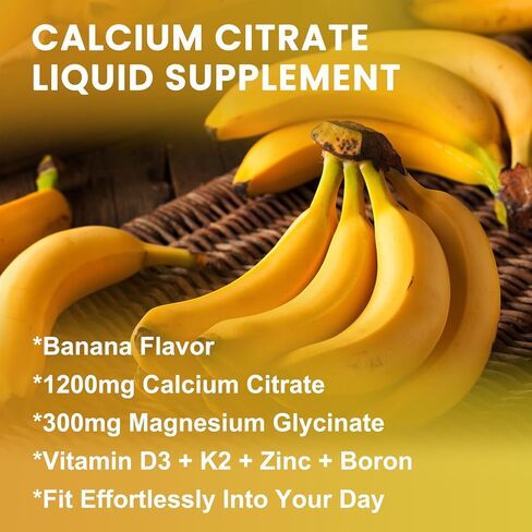 Calcium Citrate 1200mg Liquid Supplement with Vitamin D3 for Women & Men - Calcium Magnesium Zinc D3 K2 Supplement for Bone, Teeth, Immune Support - Sugar Free, Vegan, Banana Flavor - 1 Fl Oz (2 Pack) in Kuwait