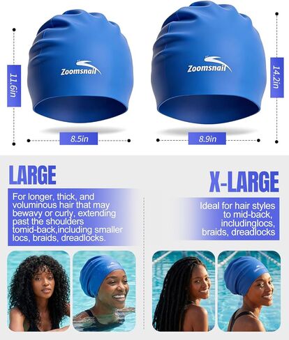 قبعة سباحة سيليكون كبيرة جدًا من Zoomsnail للشعر الطويل، سدادة مقاومة للماء ومضادة للتسرب للضفائر والمجدل والأنسجة والأفرو والتجعيد، قبعة سباحة للنساء والرجال، فكرة لحمام السباحة، الشاطئ، السباحة (أزرق، XL) in Kuwait