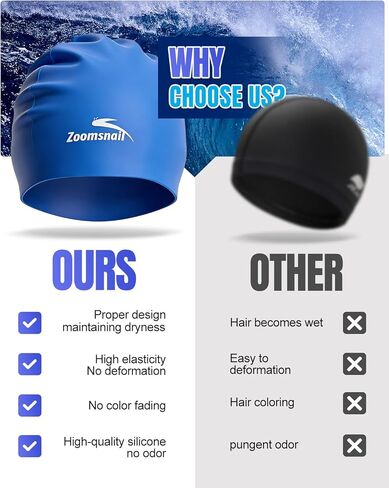 قبعة سباحة سيليكون كبيرة جدًا من Zoomsnail للشعر الطويل، سدادة مقاومة للماء ومضادة للتسرب للضفائر والمجدل والأنسجة والأفرو والتجعيد، قبعة سباحة للنساء والرجال، فكرة لحمام السباحة، الشاطئ، السباحة (أزرق، XL) in Kuwait