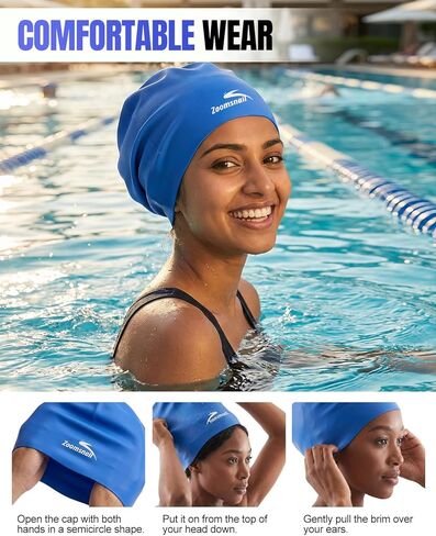 قبعة سباحة سيليكون كبيرة جدًا من Zoomsnail للشعر الطويل، سدادة مقاومة للماء ومضادة للتسرب للضفائر والمجدل والأنسجة والأفرو والتجعيد، قبعة سباحة للنساء والرجال، فكرة لحمام السباحة، الشاطئ، السباحة (أزرق، XL) in Kuwait