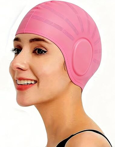 1pc Waterproof Ear-Flap Swimming Cap, Extra-Large Silicone Diving Cap for Adults, Elastic and Comfortable Fit, Suitable for Women with Long Hair - Pink in Saudi Arabia