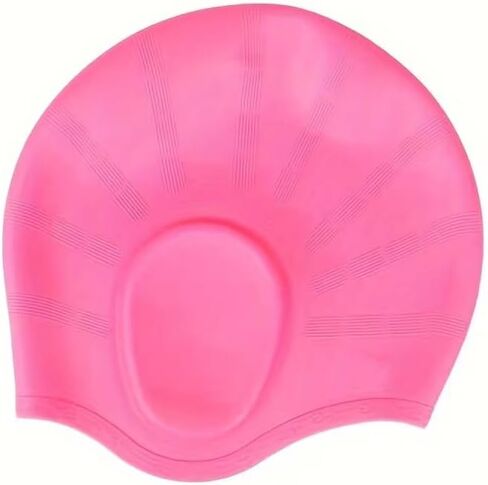 1pc Waterproof Ear-Flap Swimming Cap, Extra-Large Silicone Diving Cap for Adults, Elastic and Comfortable Fit, Suitable for Women with Long Hair - Pink in Saudi Arabia