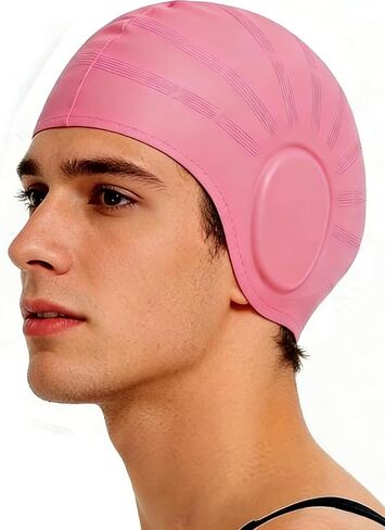 1pc Waterproof Ear-Flap Swimming Cap, Extra-Large Silicone Diving Cap for Adults, Elastic and Comfortable Fit, Suitable for Women with Long Hair - Pink in Saudi Arabia