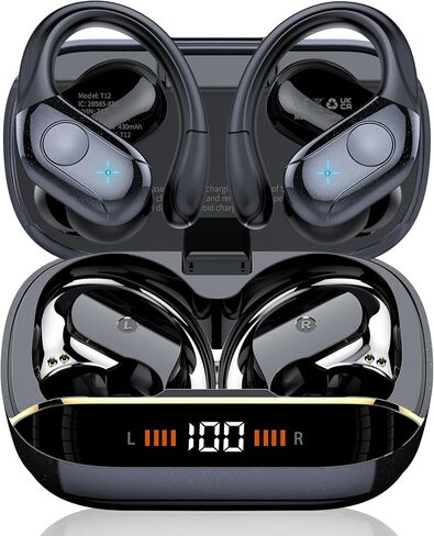 Qecnato سماعات أذن لاسلكية بلوتوث 5.4 سماعات 75 ساعة ستيريو عميق باس رياضية فوق الأذن مع خطافات للأذن، سماعات أذن بلوتوث بشاشة LED مع 4 ميكروفون ENC، سماعة أذن مقاومة للماء IP7 للجري in Kuwait