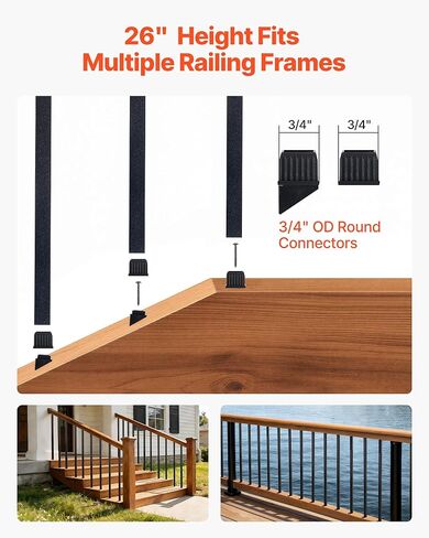 VEVOR 125 Pack Deck Balusters, 3/4 in Square x 26 in Long Aluminum Railing Spindles, Hollow Metal Decking Stair Balusters with Connectors, Screws, for Deck, Porch & Staircase Railing Fence, Black in Saudi Arabia