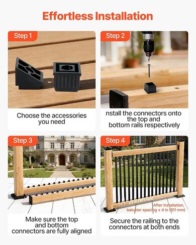 VEVOR 125 Pack Deck Balusters, 3/4 in Square x 26 in Long Aluminum Railing Spindles, Hollow Metal Decking Stair Balusters with Connectors, Screws, for Deck, Porch & Staircase Railing Fence, Black in Saudi Arabia