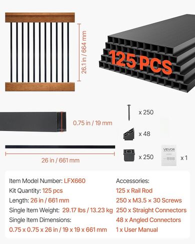 VEVOR 125 Pack Deck Balusters, 3/4 in Square x 26 in Long Aluminum Railing Spindles, Hollow Metal Decking Stair Balusters with Connectors, Screws, for Deck, Porch & Staircase Railing Fence, Black in Saudi Arabia