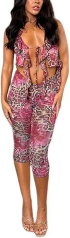 Sexy Two Piece Outfits for Women Leopard Print See Through Halter Tops Bodycon Capri Pants Sets Party Club Outfits in Kuwait