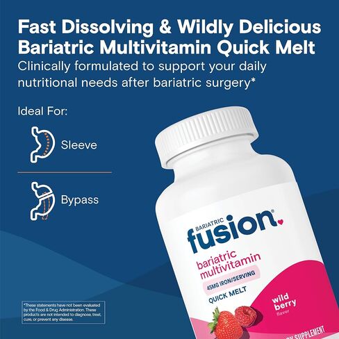 فيتامينات علاج السمنة المتعددة مع الحديد سريع الذوبان | فيتامينات خالية من السكر لتكميم المعدة وتحويل مسار المعدة | نكهة التوت البري | 60 قرص سريع الذوبان in Kuwait