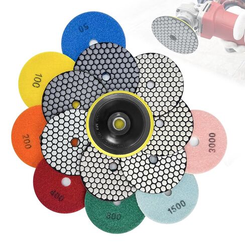 Dry Diamond Polishing Pads,5 Inch Polishing Pads Set of 8 Pieces Plus | 5/8"-11 Backer Backing Plate for Granite Concrete Marble Quartz Stone Countertop Polishing in Saudi Arabia