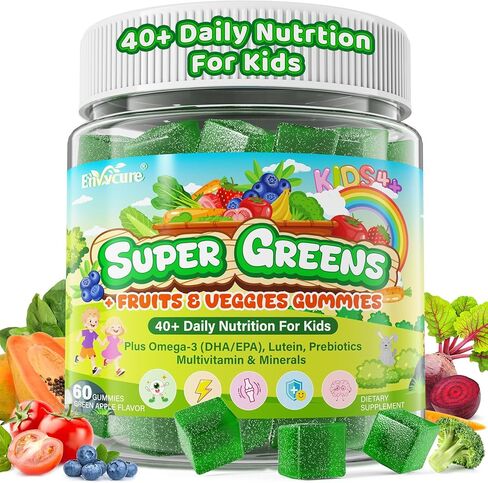 علكات سوبر جرينز للأطفال، مع فيتامينات متعددة، أكثر من 20 فاكهة نباتية، بريبايوتكس، كالسيوم، أوميغا 3 (DHA/EPA)، علكات فيتامينات خضراء فائقة الجودة للأطفال من أجل نمو أكلة صعب الإرضاء، طاقة، مناعة، هضم، عبوتان in Kuwait