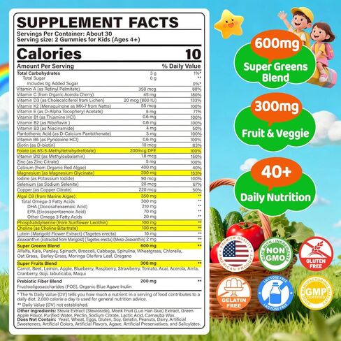 Kids Super Greens Gummies, w/Multivitamins, 20+ Veggie Fruit, Prebiotics, Calcium, Omega-3 (DHA/EPA), Kids Vitamins Greens Superfood Gummies for Picky Eaters Growth, Energy, Immune, Digestion, 2 Pack in Saudi Arabia