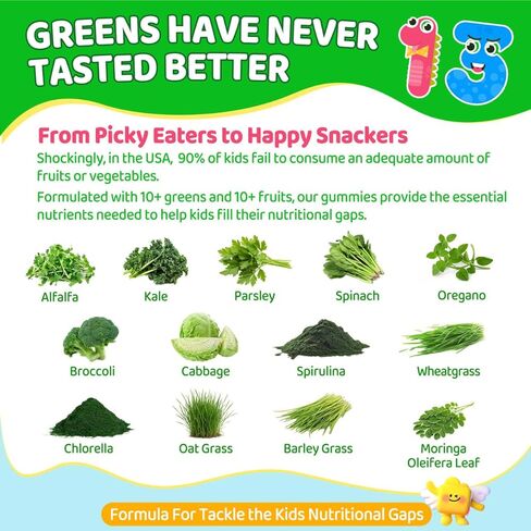 Kids Super Greens Gummies, w/Multivitamins, 20+ Veggie Fruit, Prebiotics, Calcium, Omega-3 (DHA/EPA), Kids Vitamins Greens Superfood Gummies for Picky Eaters Growth, Energy, Immune, Digestion, 2 Pack in Saudi Arabia