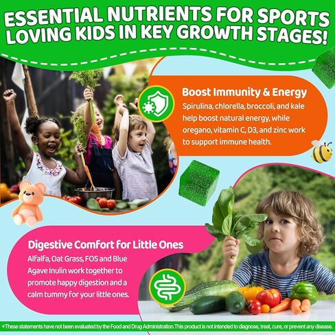 Kids Super Greens Gummies, w/Multivitamins, 20+ Veggie Fruit, Prebiotics, Calcium, Omega-3 (DHA/EPA), Kids Vitamins Greens Superfood Gummies for Picky Eaters Growth, Energy, Immune, Digestion, 2 Pack in Saudi Arabia