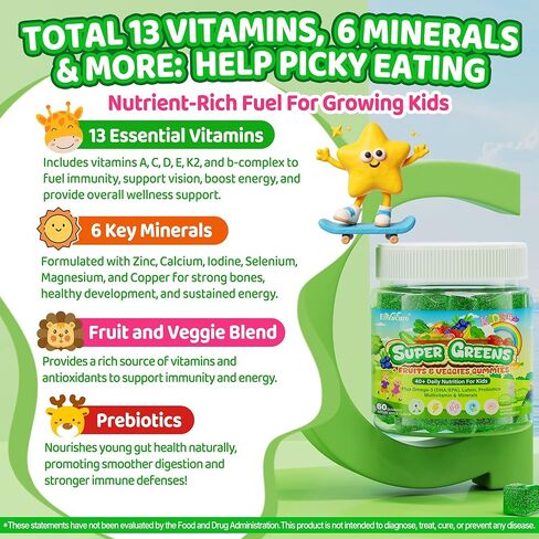 Kids Super Greens Gummies, w/Multivitamins, 20+ Veggie Fruit, Prebiotics, Calcium, Omega-3 (DHA/EPA), Kids Vitamins Greens Superfood Gummies for Picky Eaters Growth, Energy, Immune, Digestion, 2 Pack in Saudi Arabia