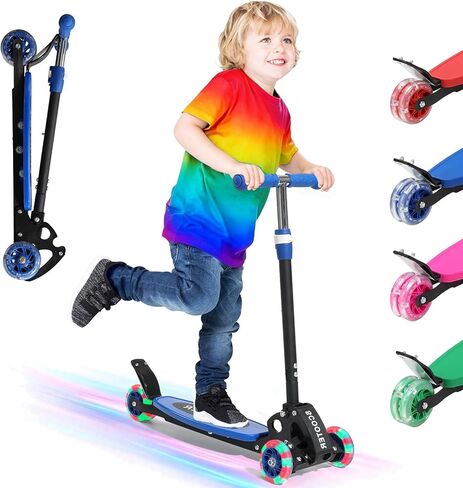 Scooter for Kids Ages 3-5, LED Light Up 3 Wheel Toddler Scooter with 4 Adjustable Heights, Lean-to-Steer Wheels, Safe Metal Brake, Foldable Kick Scooter for Boys Girls, Support 120 lbs, Birthday Gift in Kuwait