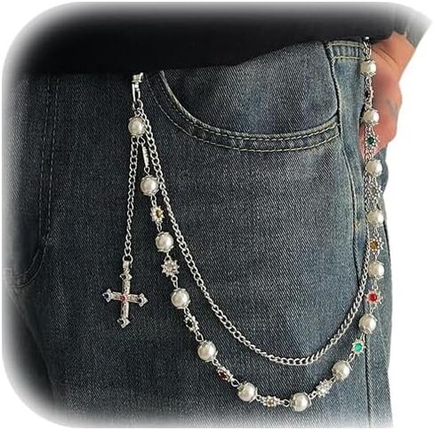 Rhinestone Waist Body Chain Jewelry Pearl Waist Belt Goth Cross Pendant Pants Chain Hip-Hop Jean Trouser Keychains Jewelry for Men Women in Saudi Arabia
