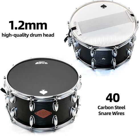 طبلة كمين مقاس 14 بوصة × 8 بوصة مع غلاف هجين من خشب الزيزفون والبتولا، وأسلاك كمين مكونة من 40 ضفيرة، للطلاب والاستوديو والبث المباشر، قابلة للتعديل السريع، تتضمن مفتاح الطبل + أعواد طبلة نايلون عالية القوة عشوائية 5 أمبير، باللون الأسود in Kuwait