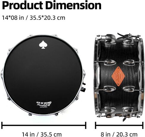 طبلة كمين مقاس 14 بوصة × 8 بوصة مع غلاف هجين من خشب الزيزفون والبتولا، وأسلاك كمين مكونة من 40 ضفيرة، للطلاب والاستوديو والبث المباشر، قابلة للتعديل السريع، تتضمن مفتاح الطبل + أعواد طبلة نايلون عالية القوة عشوائية 5 أمبير، باللون الأسود in Kuwait