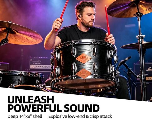 طبلة كمين مقاس 14 بوصة × 8 بوصة مع غلاف هجين من خشب الزيزفون والبتولا، وأسلاك كمين مكونة من 40 ضفيرة، للطلاب والاستوديو والبث المباشر، قابلة للتعديل السريع، تتضمن مفتاح الطبل + أعواد طبلة نايلون عالية القوة عشوائية 5 أمبير، باللون الأسود in Kuwait
