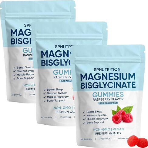 Magnesium Bisglycinate Gummies, 400mg Magnesium Bisglycinate Chelate with Sea Salt & Raspberry Powder, Supports Sleep, Nerve & Muscle Relaxation, Bone Health Support, Vegan, 60 Gummies (1) in Saudi Arabia