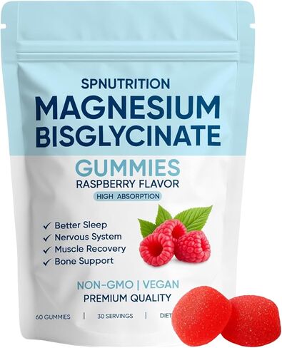 Magnesium Bisglycinate Gummies, 400mg Magnesium Bisglycinate Chelate with Sea Salt & Raspberry Powder, Supports Sleep, Nerve & Muscle Relaxation, Bone Health Support, Vegan, 60 Gummies (1) in Saudi Arabia