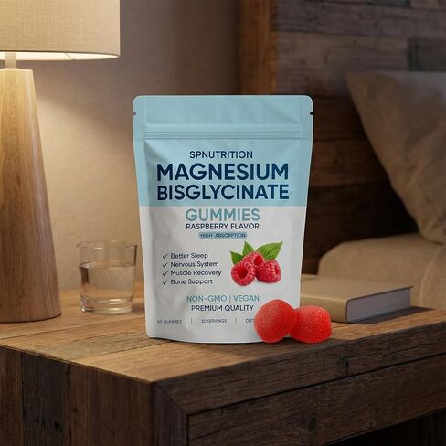 Magnesium Bisglycinate Gummies, 400mg Magnesium Bisglycinate Chelate with Sea Salt & Raspberry Powder, Supports Sleep, Nerve & Muscle Relaxation, Bone Health Support, Vegan, 60 Gummies (1) in Saudi Arabia