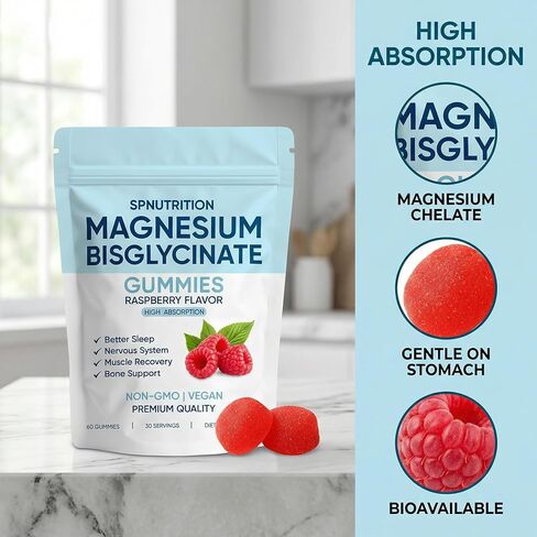 Magnesium Bisglycinate Gummies, 400mg Magnesium Bisglycinate Chelate with Sea Salt & Raspberry Powder, Supports Sleep, Nerve & Muscle Relaxation, Bone Health Support, Vegan, 60 Gummies (1) in Saudi Arabia