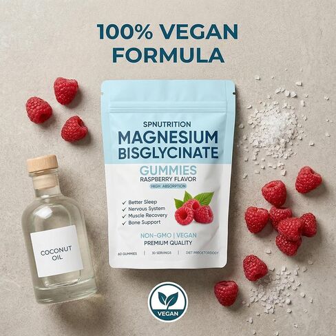 Magnesium Bisglycinate Gummies, 400mg Magnesium Bisglycinate Chelate with Sea Salt & Raspberry Powder, Supports Sleep, Nerve & Muscle Relaxation, Bone Health Support, Vegan, 60 Gummies (1) in Saudi Arabia