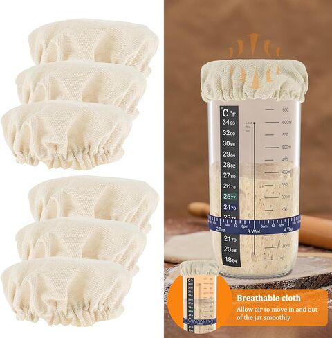 6Pcs Sourdough Starter Jar Covers 7.6cm to 10.1cm Elastic Cloth Sourdough Fermentation Jar Lid Reusable Compact Jar Cover Breathable Multipurpose Cloth Jar Lid for Glass Jar in Saudi Arabia