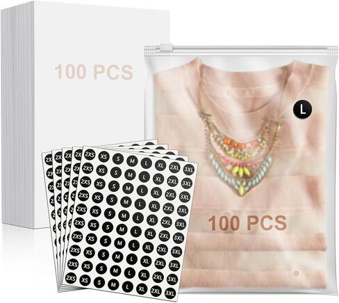 100 قطعة من أكياس تغليف القمصان مقاس 10 × 13 بوصة مع ملصقات بحجم الملابس والورق المقوى، أكياس بلاستيكية بسحاب بلوري مقاس 10 × 13 بوصة للملابس، مجموعة عبوات تي شيرت in Kuwait